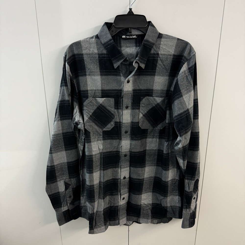 Travis Mathew Mens Black Grey Buffalo Plaid Flannel Button Down Shirt Size M